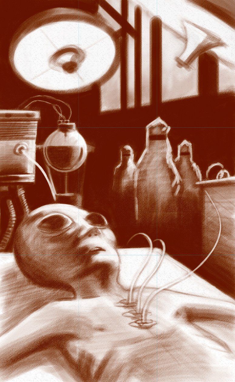 Fantastická bytost: mimozemšťan podrobený laboratorním testům. Ilustrace Alesandro Lonati. 2010 od Alessandro Lonati