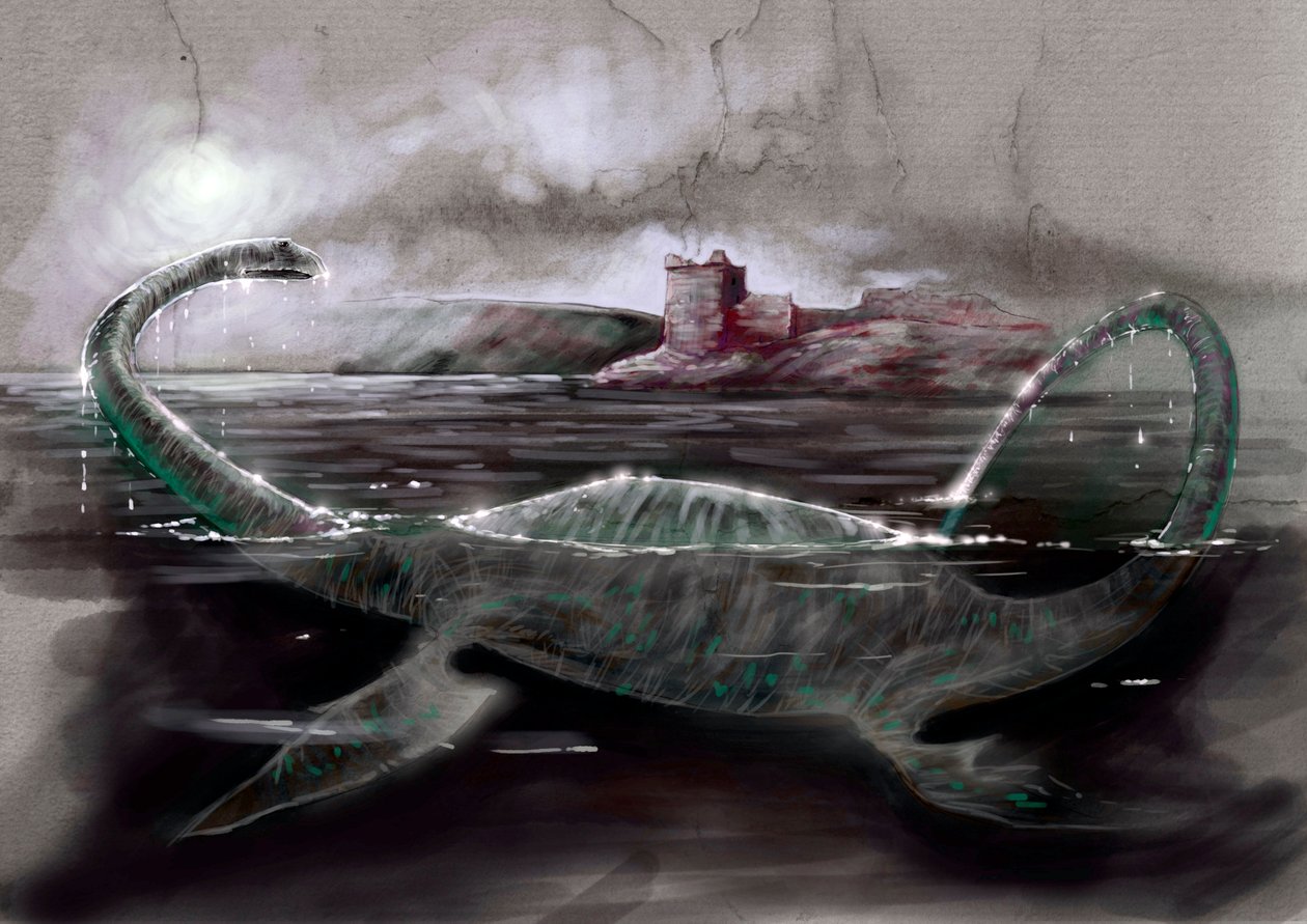 Fantastická monstra a stvoření, kryptozoologie: reprezentace Nessie, lochneské příšery ve Skotsku - kresba Alessandra Lonatiho, 2012 od Alessandro Lonati