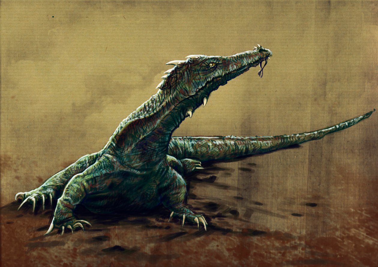 Fantastická monstra a stvoření, kryptozoologie: reprezentace burua, velkého lezarda, který by byl viděn v severovýchodní Indii - kresba Alessandra Lonati, 2012 od Alessandro Lonati