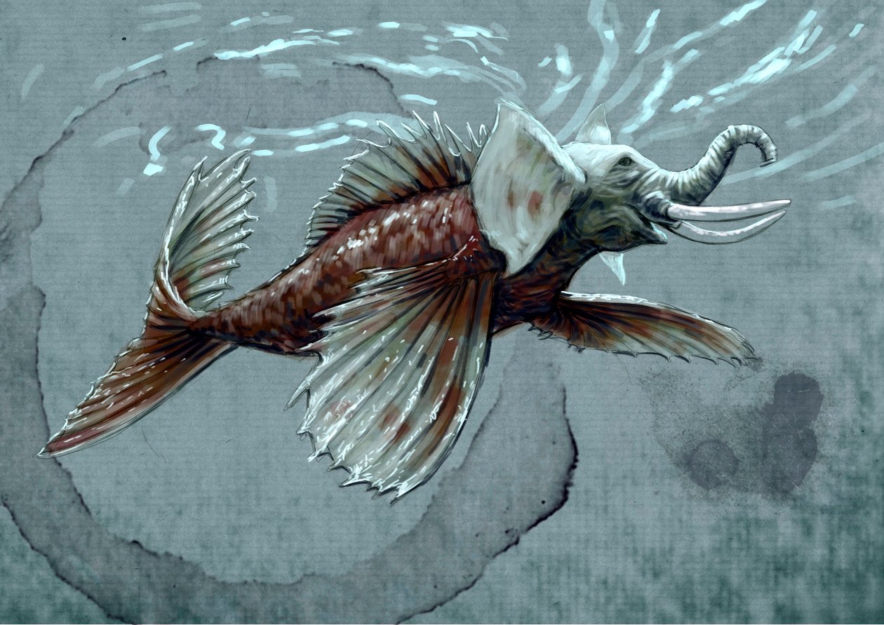 Fantastická monstra a stvoření, kryptozoologie: znázornění makara, vodního živočicha z mytologického bestiáře Indie, má chobot přibližující se k mořskému slonovi, zub krokodýla a rybí ocas - Kresba Alessandra Lona od Alessandro Lonati