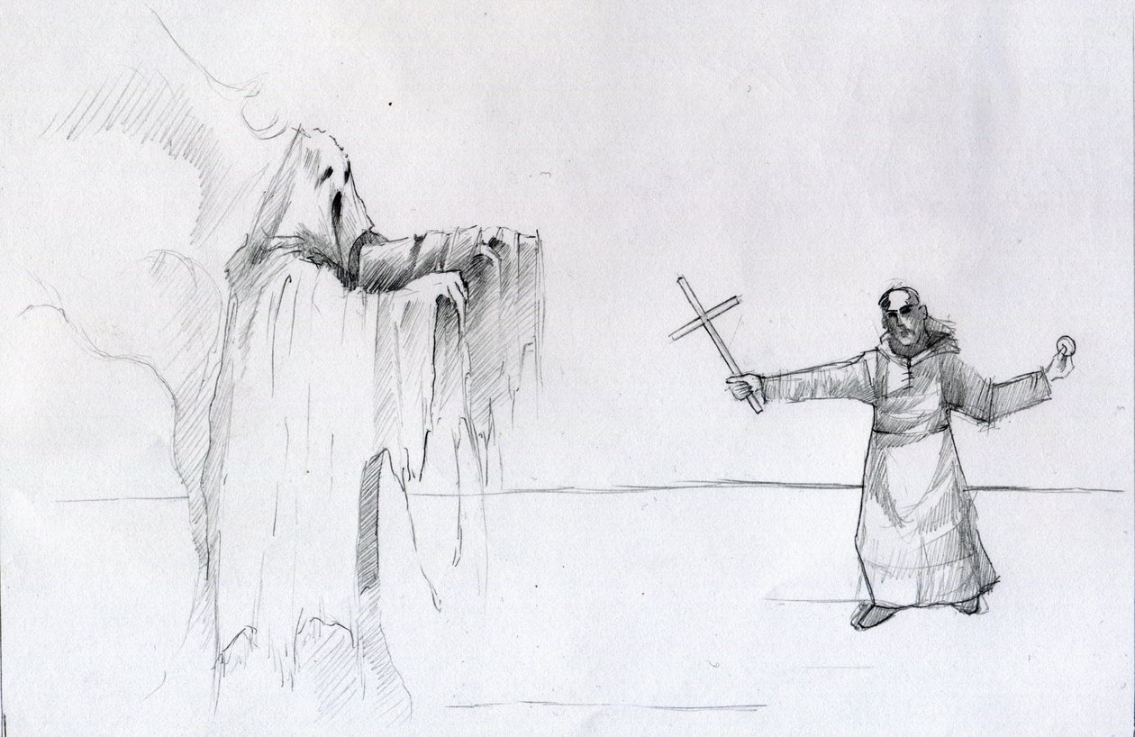 Boj mezi mnichem držícím krucifix a duchem Ilustrace Alessandro Lonati od Alessandro Lonati
