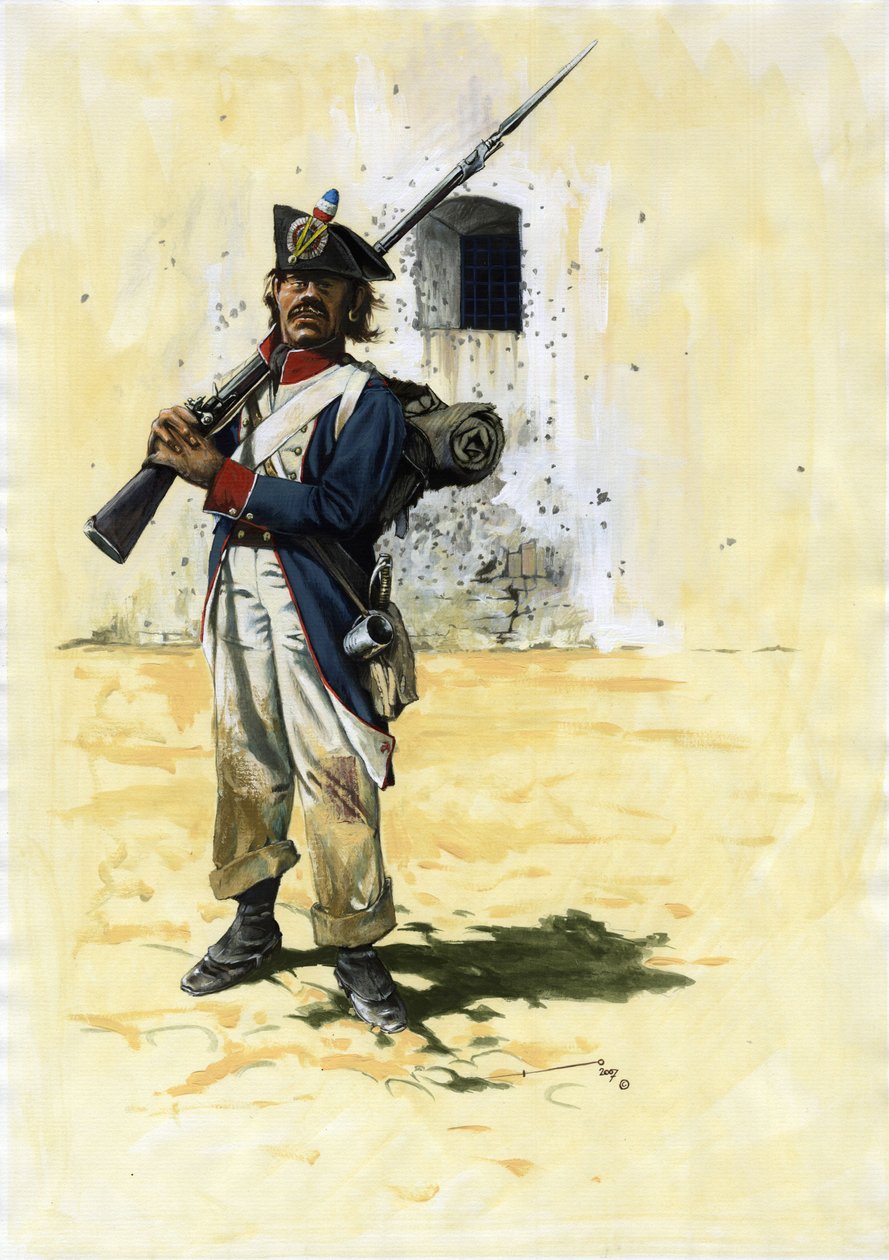 Ensimmäinen valtakunta (1804-1804 ja 1815): jalkaväkisotilas ja suuren Napoleonin armeijan ranskalaisen jalkaväen prikaatin tykkimies linnakkeessa. Piirustus Alessandro Lonati. od Alessandro Lonati