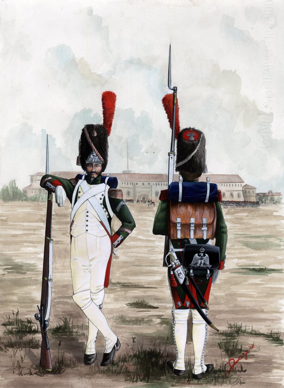 První císařství (1804-1814 a 1815): Granátní vojáci Královské gardy Velké napoleonské Armee na náměstí hradu Sforzesco v Miláně, Itálie. Kresba Alessandro Lonati od Alessandro Lonati