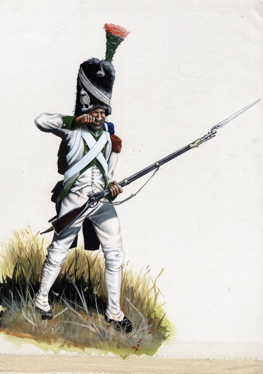 První císařství (1804-1814 a 1815): Velite voják z velké napoleonské armády v Itálii otevírá náboj. Kresba Alessandro Lonati od Alessandro Lonati
