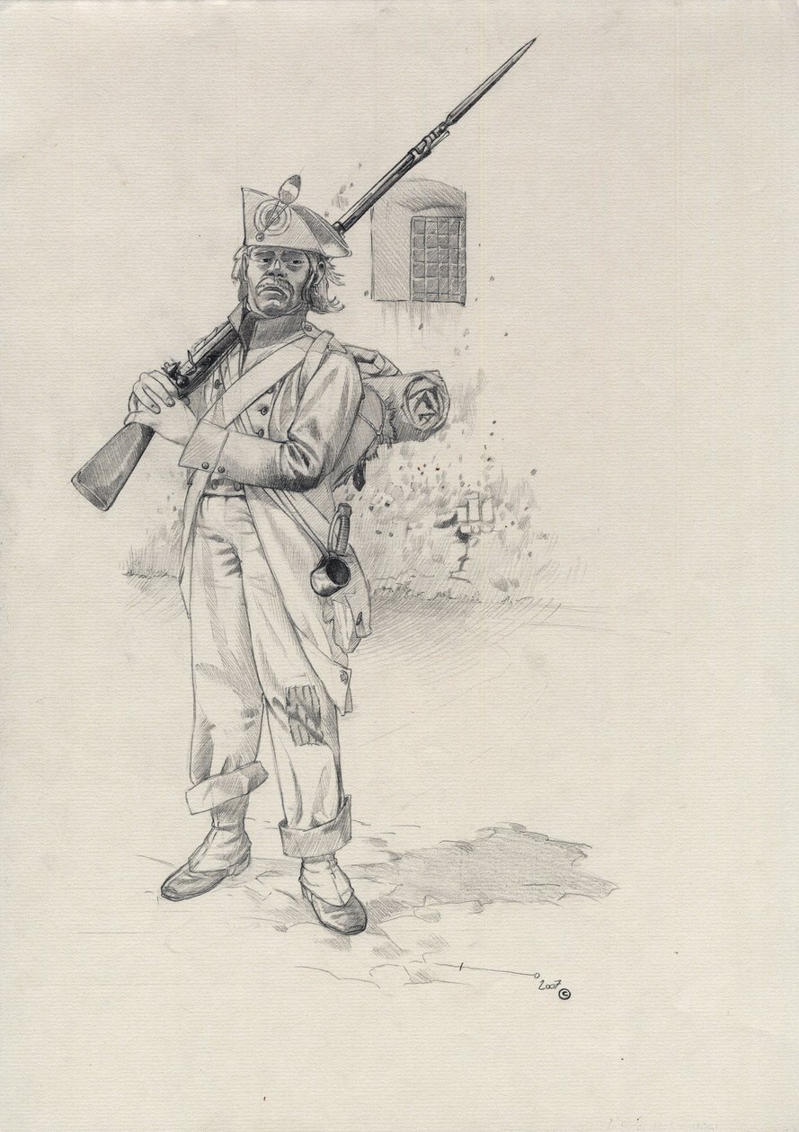 První císařství (1804-1814 nebo 1815): voják napoleonské armády, pěšák voják brigády jezdců v pevnosti. Kresba Alessandro Lonati od Alessandro Lonati