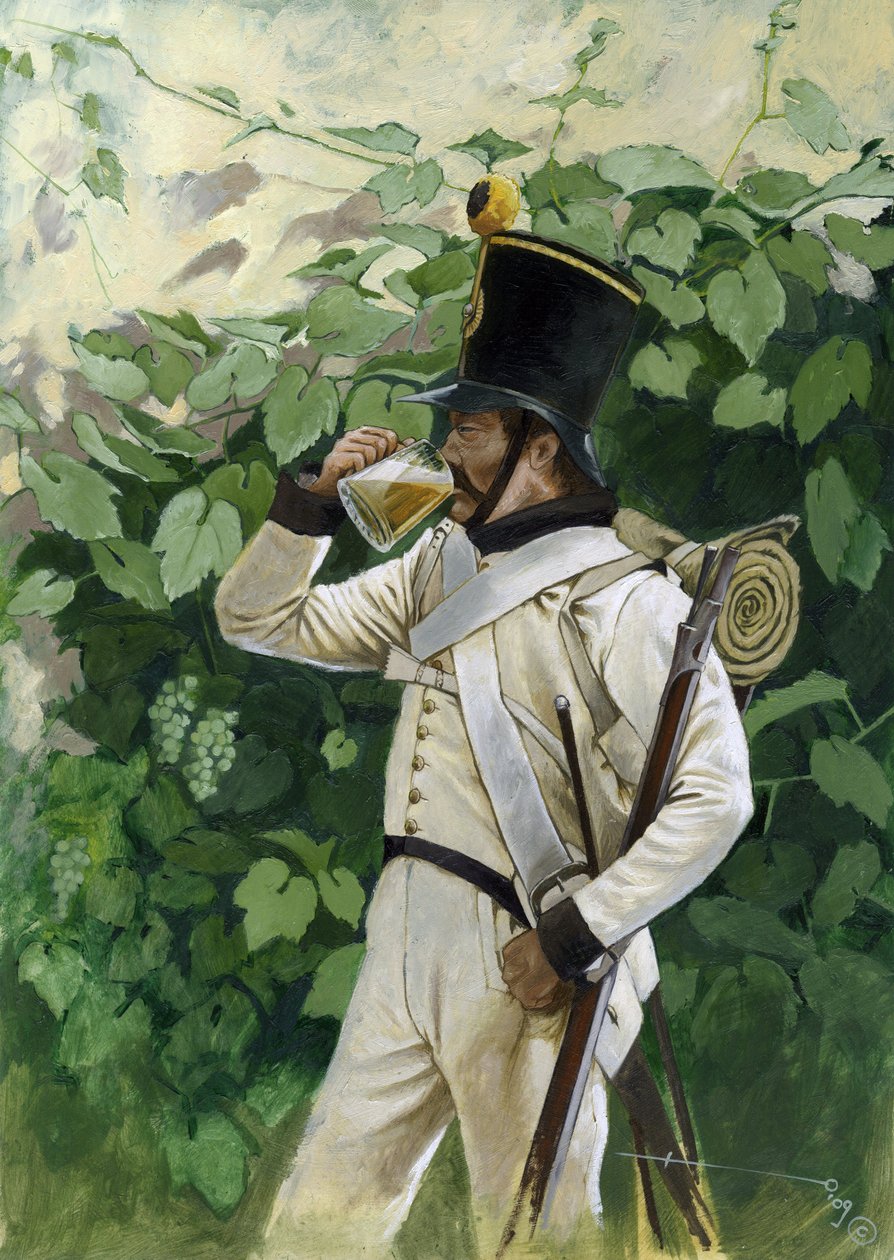 První císařství: Důstojník rakouské linie pěchoty popíjející korbel piva. Kresba Alessandro Lonati od Alessandro Lonati