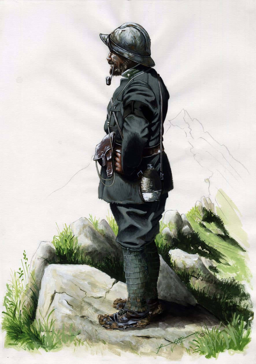 Ensimmäinen maailmansota 1914-1918: Italian armeijan alppimetsästäjä upseeri (alppimetsästäjä) Front des Alpesissa. Piirustus Alessandro Lonati od Alessandro Lonati