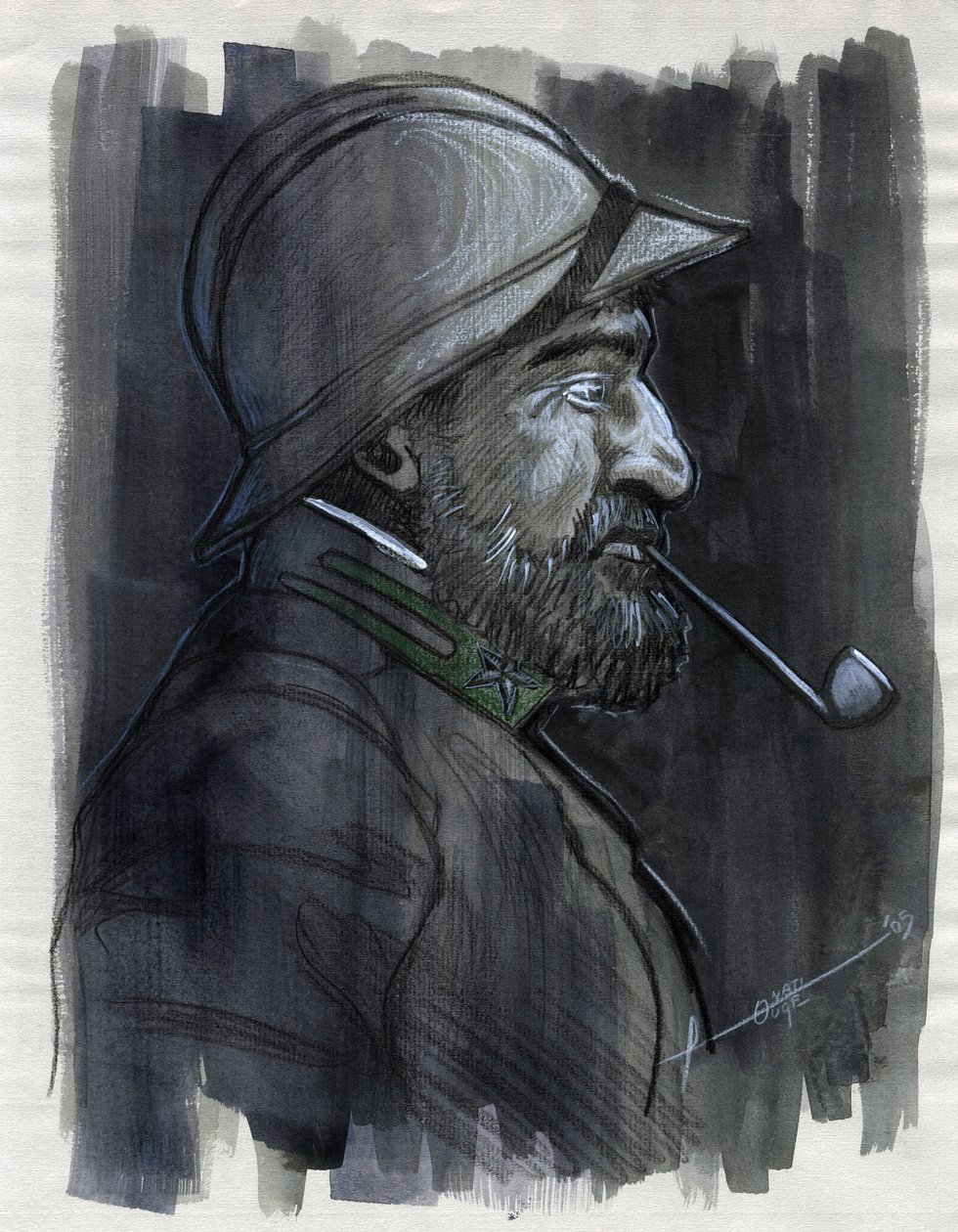 Ensimmäinen maailmansota 1914-1918: Profiilimuotokuva Italian armeijan sotilasta tupakoimassa piippua vuonna 1915. Piirustus Alessandro Lonati od Alessandro Lonati