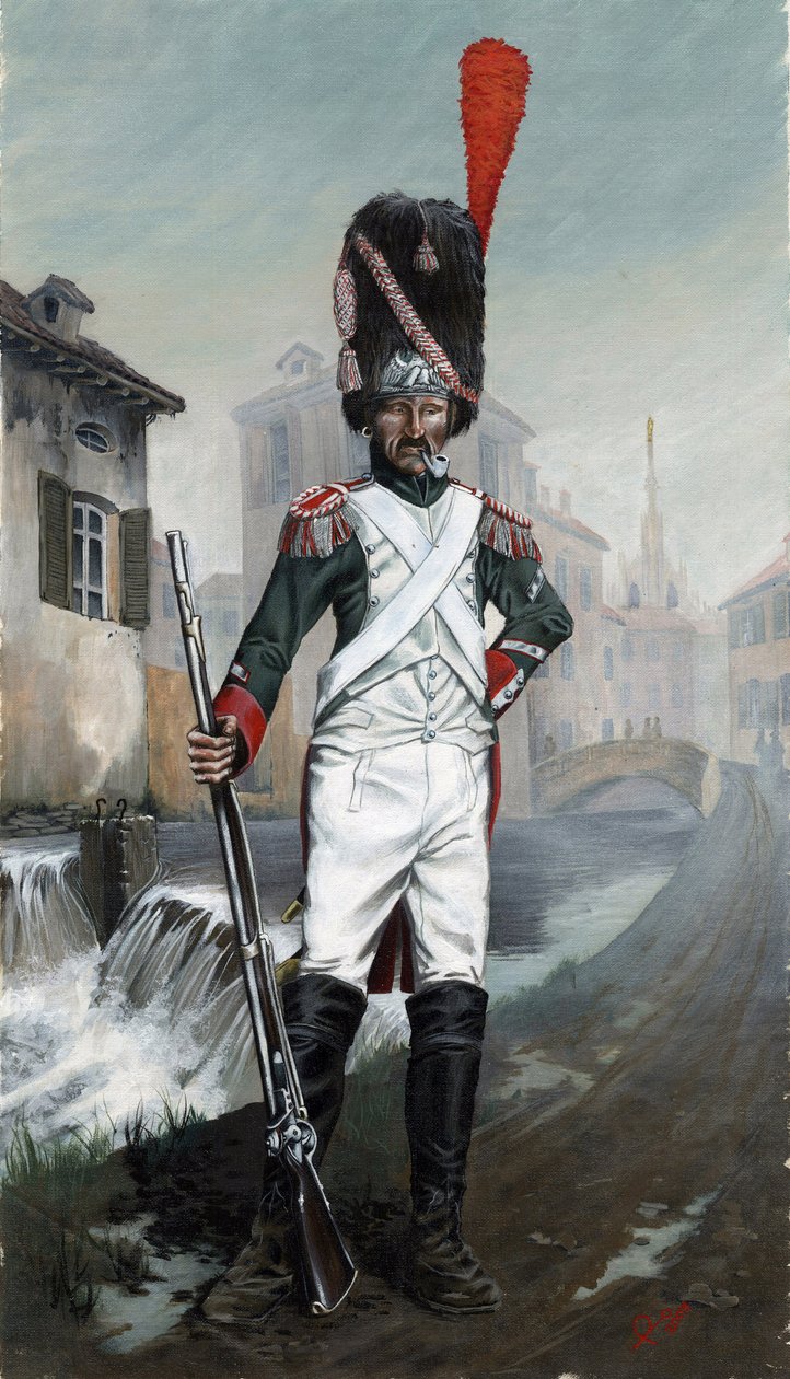 První impérium (1804-1814 a 1815): Italští granátníci poblíž milánského kanálu s katedrálou v pozadí. Kresba Alessandro Lonati od Alessandro Lonati