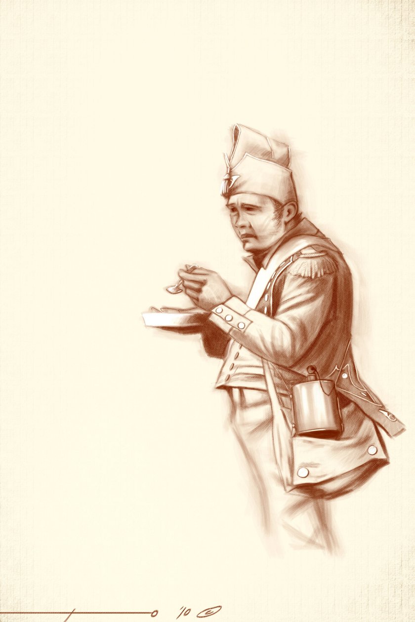 Ensimmäinen valtakunta: kevytjalkaväen sotilas aterian aikana Napoleon I:n kampanjan aikana (luultavasti Venäjällä) 1800-luvun alku. Kuvitus Alesandro Lonati. 2010 od Alessandro Lonati