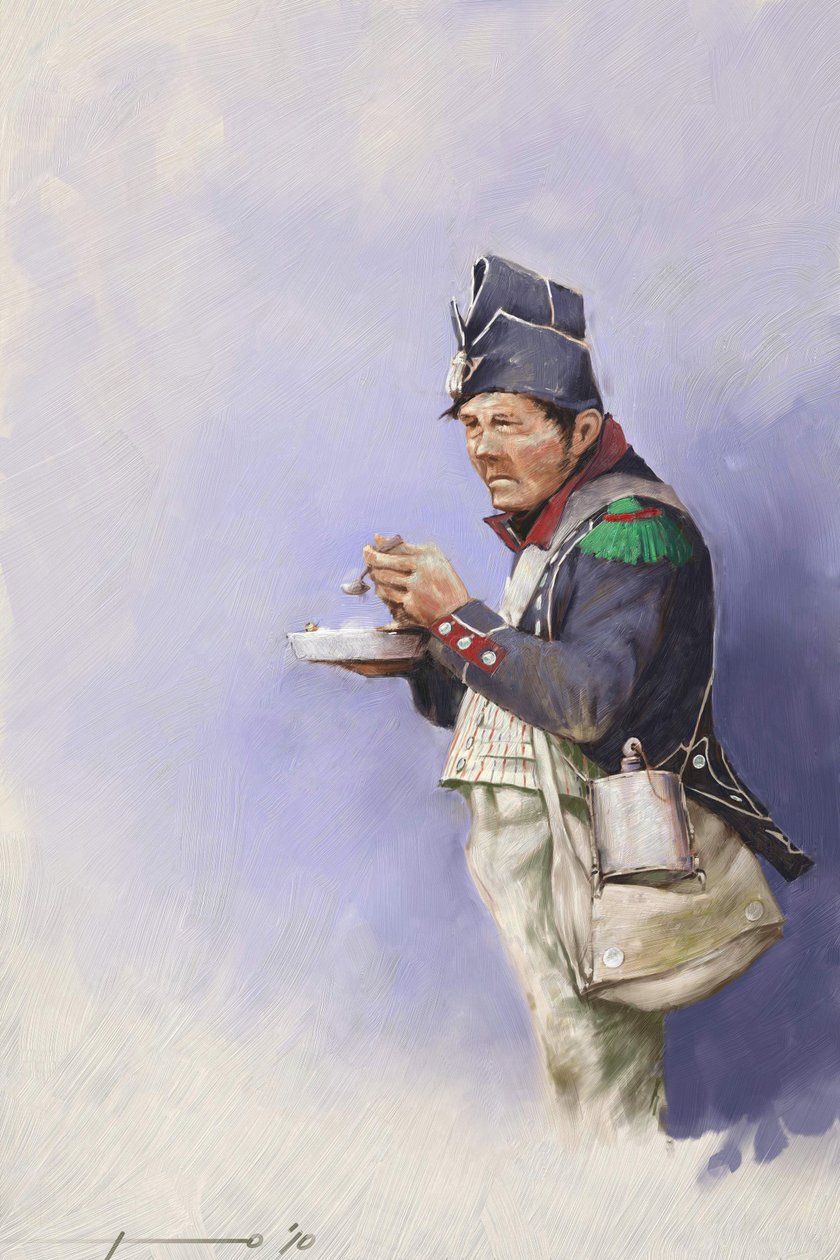 První impérium: voják lehké pěchoty při jídle během tažení Napoleona I. (pravděpodobně v Rusku) Počátek 19. století. Ilustrace Alessandro Lonati. 2010 od Alessandro Lonati
