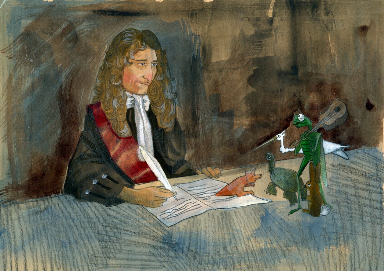 Francouzský spisovatel Jean de la Fontaine se dívá na postavy svých bajek Ilustrace Alessandro Lonati od Alessandro Lonati