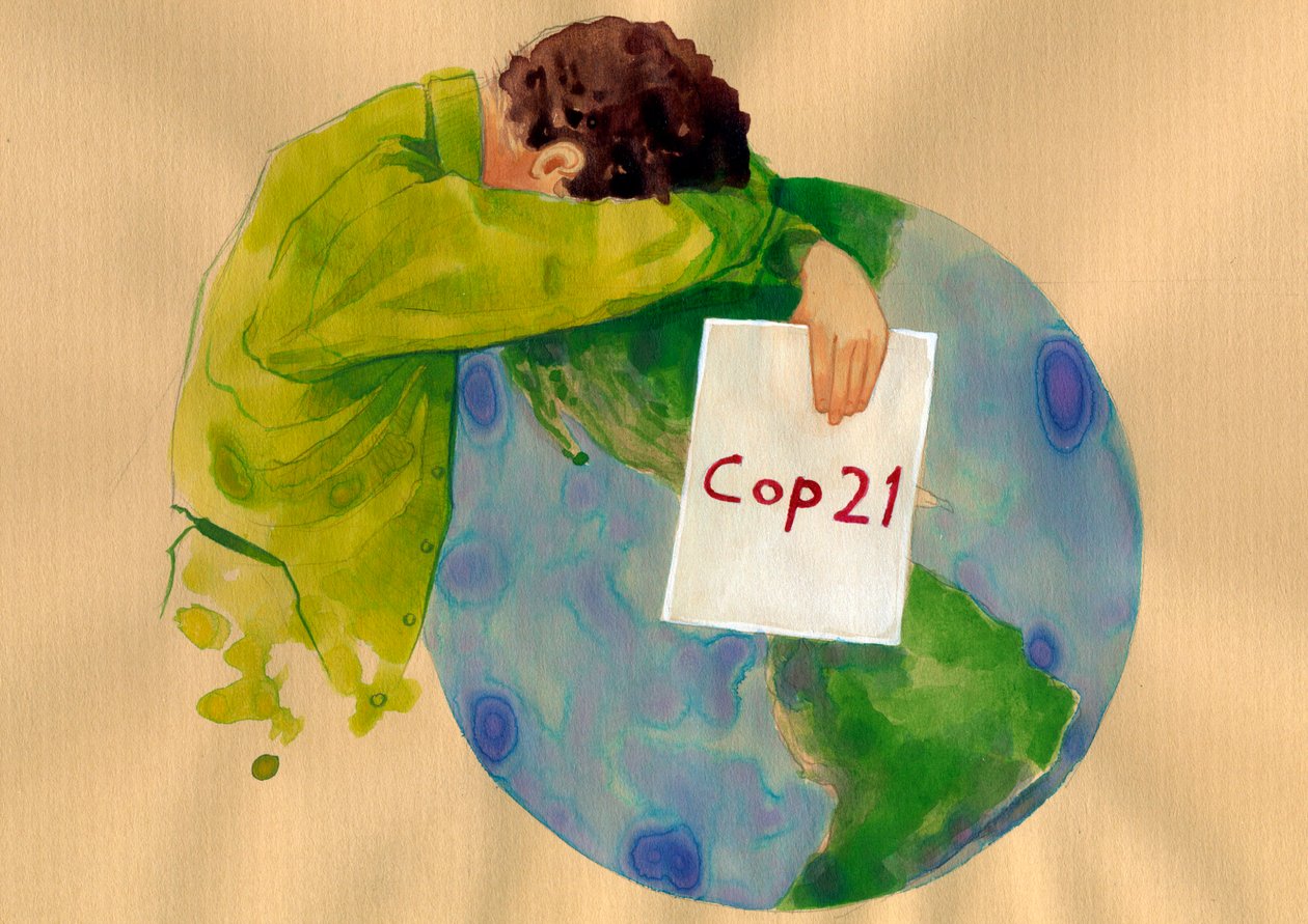 Budoucnost Země, plačící muž držící v rukou nápis policajt 21 (Konference OSN o změně klimatu 2015), která se konala v Paříži a která měla najít řešení globálního oteplování a znečištění) Ilustrace Alessandro Lonati od Alessandro Lonati