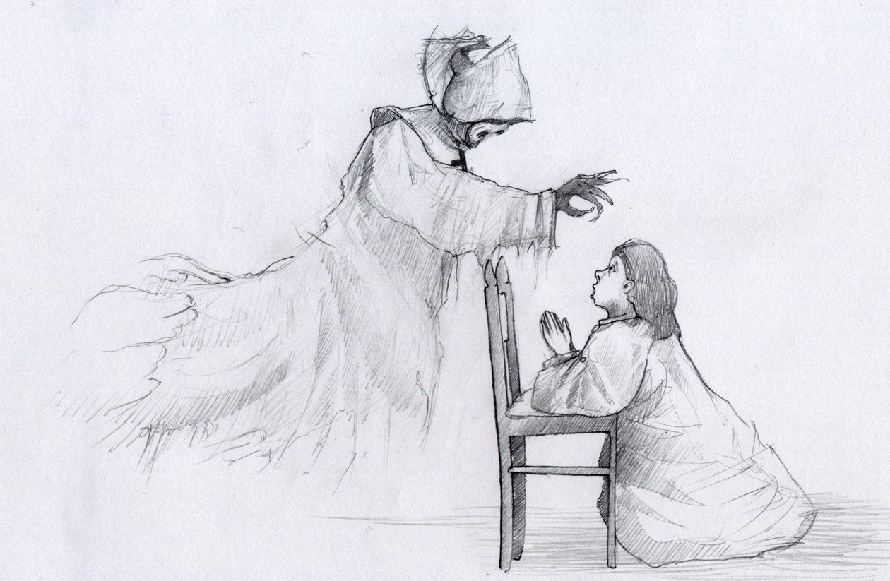 Duch postarší jeptišky s křivýma rukama se zjevuje malé dívce, která se modlí Ilustrace Alessandro Lonati od Alessandro Lonati