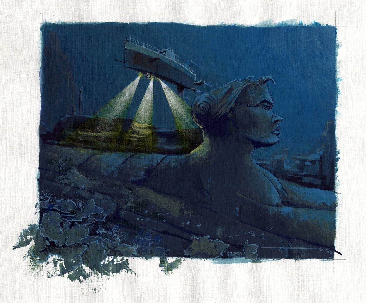 Ilustrace mýtu o ostrově zmizelém pod Atlantským mořem (Atlantis): ponorka (ponorka) zkoumá dna a objevuje ruiny legendárního ostrova. Barevná kresba Alessandra Lonatiho. od Alessandro Lonati