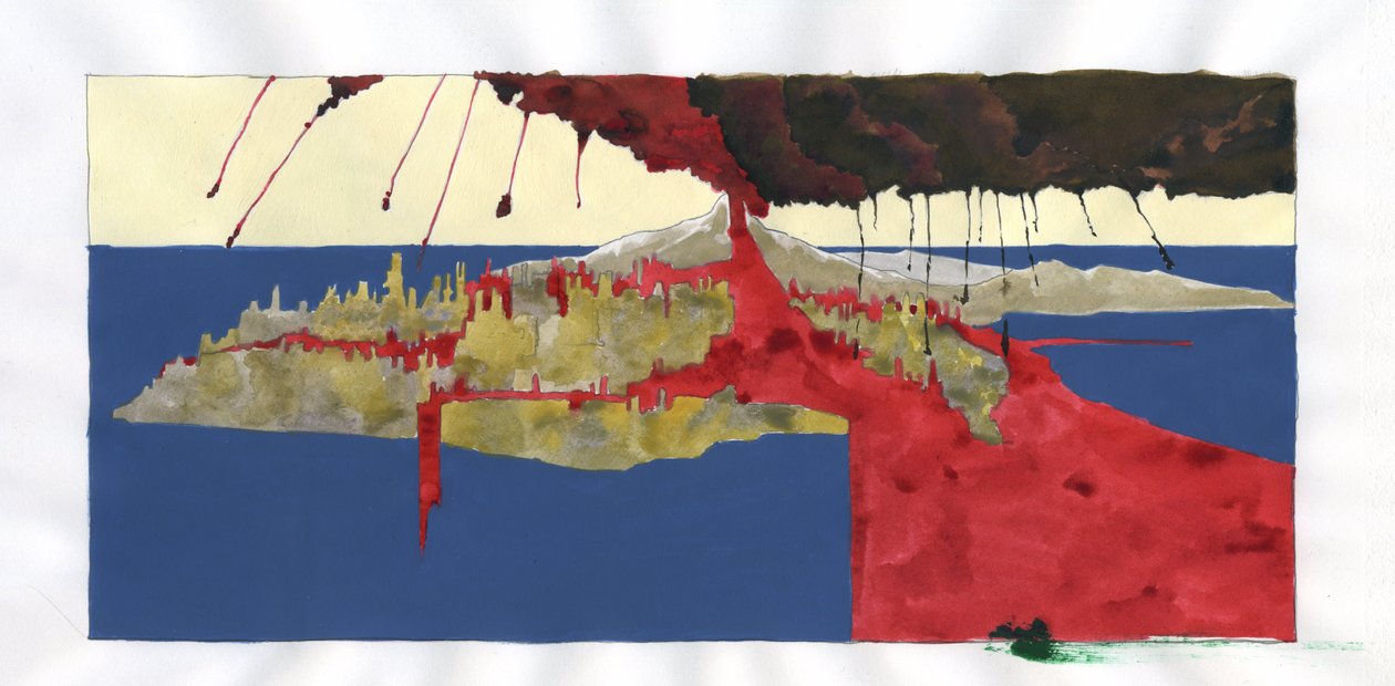 Ilustrace mýtu o ostrově zmizelém pod mořem Atlantidy: pohled na erupci sopky, která způsobí zmizení legendárního ostrova. Barevná kresba Alessandra Lonatiho. od Alessandro Lonati