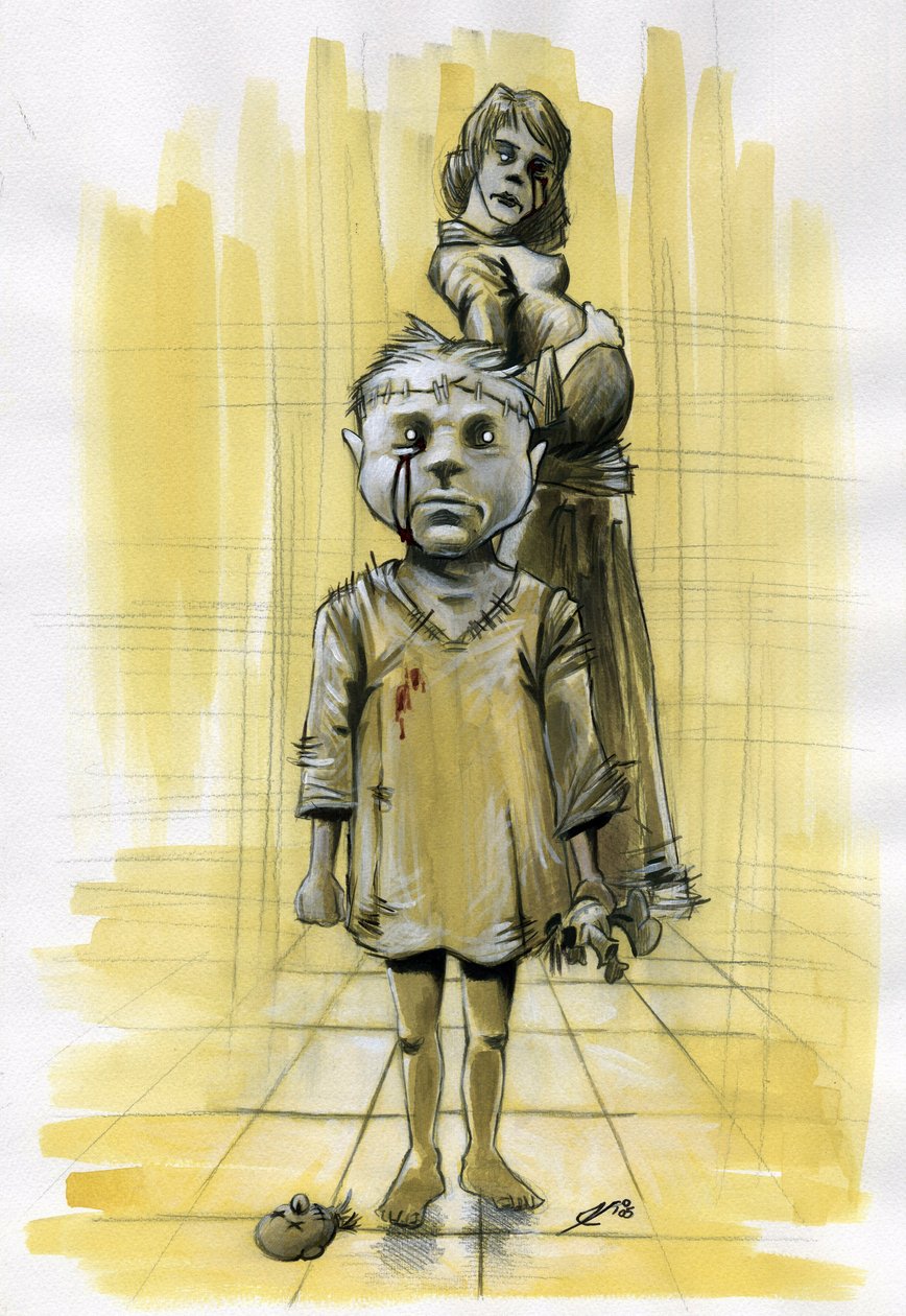 Ilustrace sci-fi: zombie (spektrum) nebo duchové evokující noční můru zobrazující dítě s lebkou pošitou panenkou bez hlavy a v pozadí těhotnou matku. Vypadá, jako by také měla nehodu. Kresba Alessandro Lonati od Alessandro Lonati