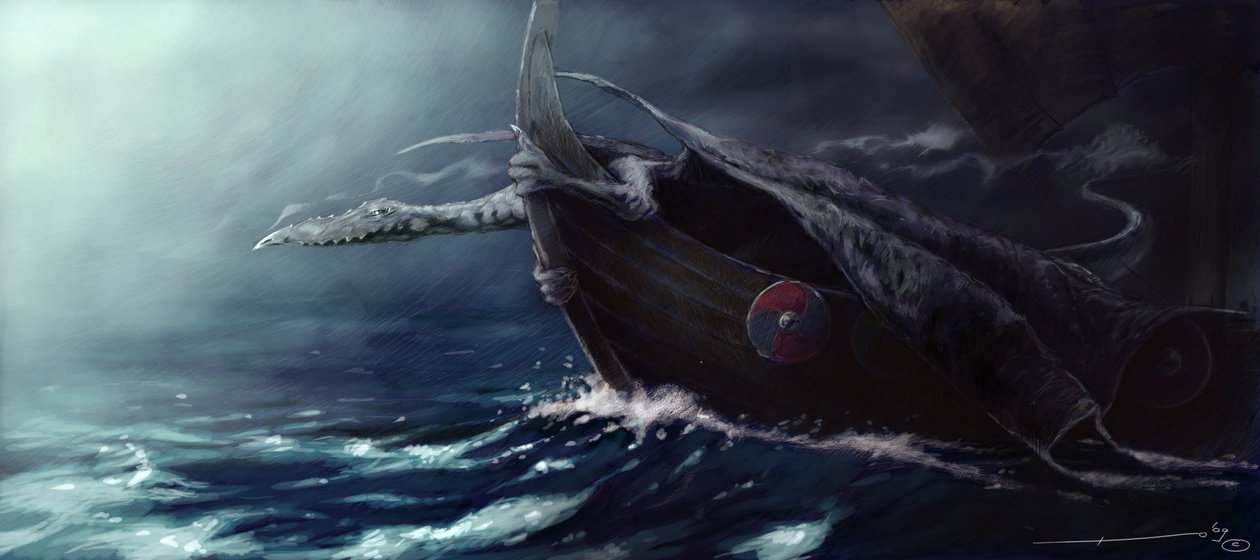 Legendární stvoření: Drak útočí na Drakkar (Vikingská loď) Kresba od Alessandra Lonatiho od Alessandro Lonati