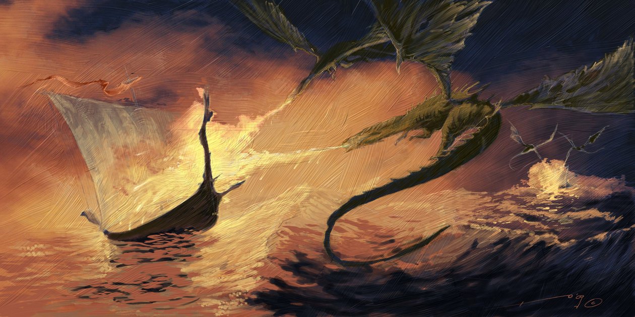 Legendární stvoření: Drak útočí na Drakkar (Vikingská loď) Kresba od Alessandra Lonatiho od Alessandro Lonati