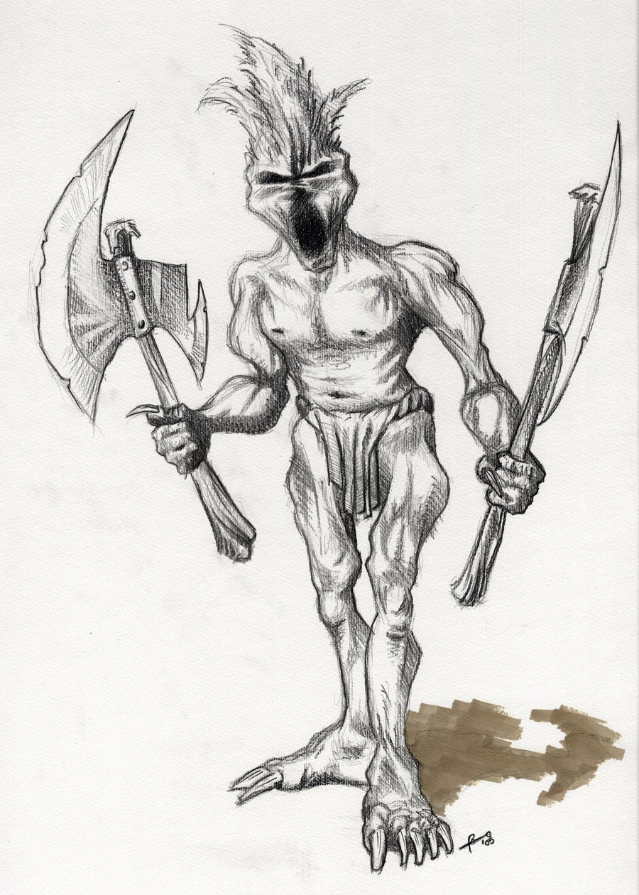Legendární monstrum pro Fantasy Ilustrace: trolí válečník se sekerami. Kresba Alessandro Lonati od Alessandro Lonati