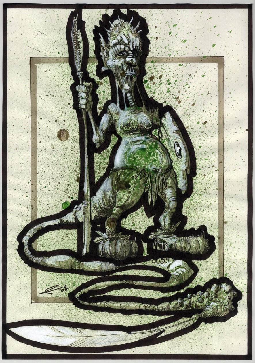 Legendární monstrum pro Fantasy ilustraci: tvář kmenového tvora nebo válečníka s kopím, štítem a pérovým ocasem. Kresba Alessandro Lonati od Alessandro Lonati