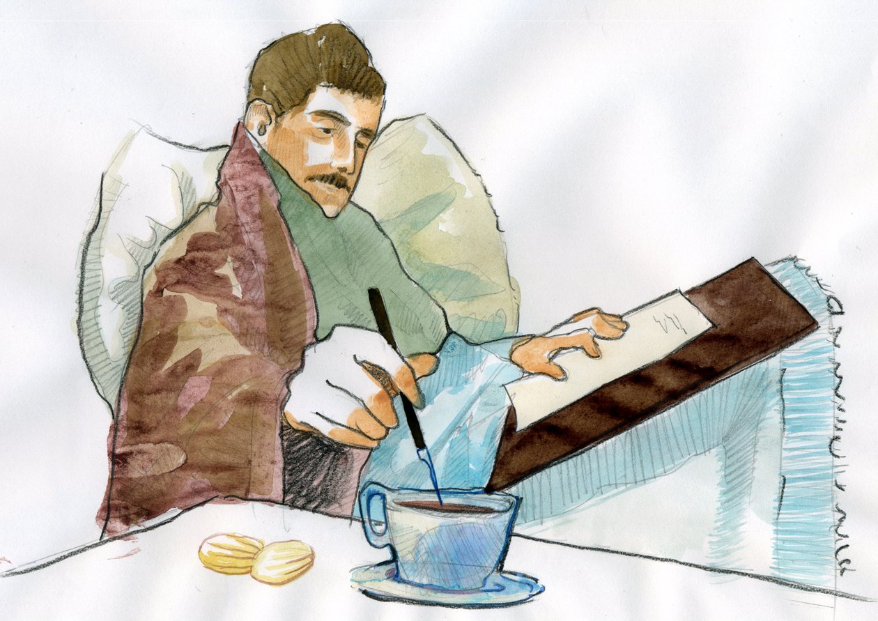 Marcel Proust sairaana miehenä kirjoittamassa tätinsä Elisabethin teetä (muste paperille) od Alessandro Lonati