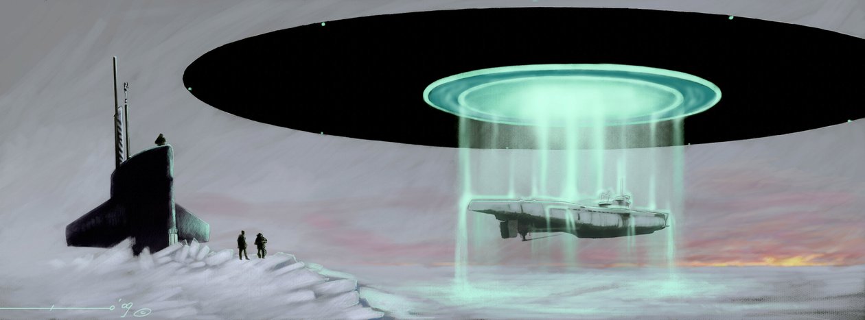 Setkání na severním pólu mezi ponorkou a létajícím talířem (UFO, UFO nebo mimozemšťan) za účelem navrácení ponorky zabrané mimozemšťany během války. Kresba Alessandro Lonati od Alessandro Lonati