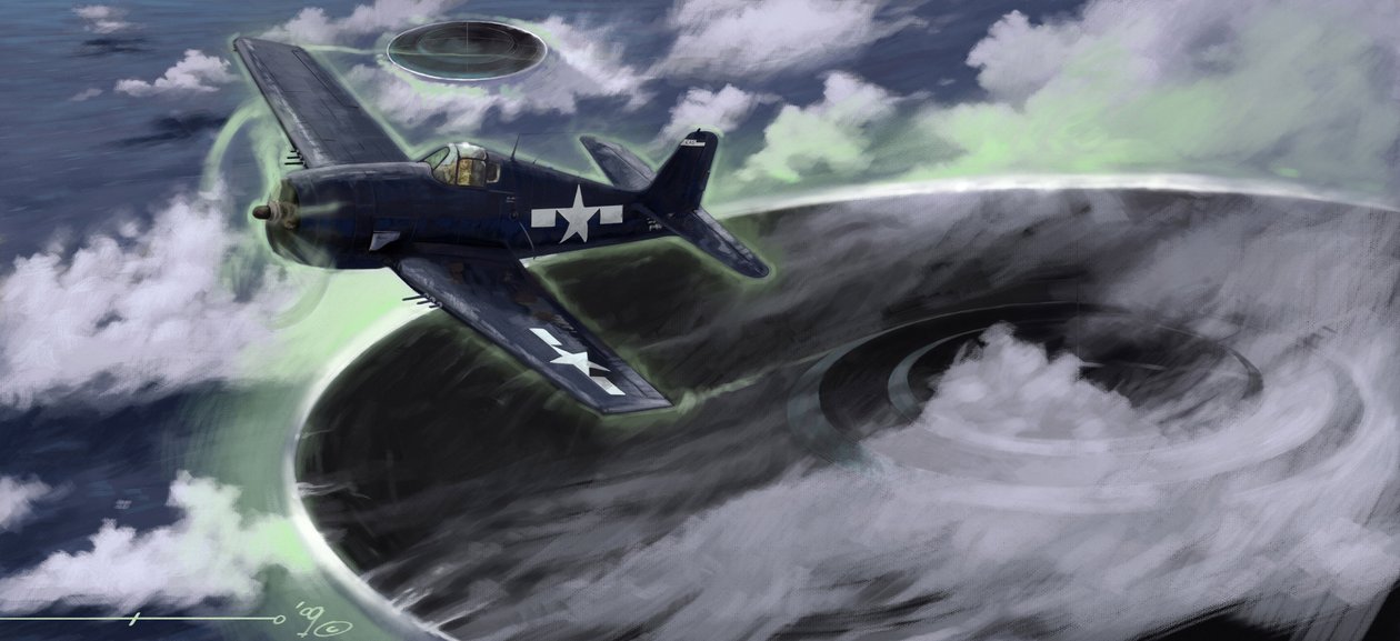 Salaperäiset ilmiöt: kuvaa Yhdysvaltain laivaston lentokoneen katoamista Bermudan kolmiossa 1940-luvulla. Legenda viittaa siihen, että se olisi täällä edustettuna olevien UFO:iden (UFO tai muukalainen) työtä. Piirustus Alessandro Lonati od Alessandro Lonati