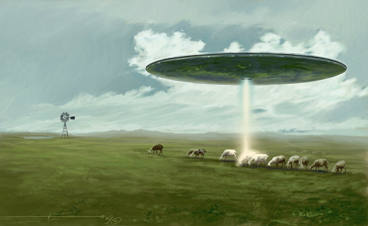 Záhadný jev: létající talíř (mimozemšťan nebo UFO nebo UFO) odstraňující ovci (únos). Kresba Alessandro Lonati od Alessandro Lonati