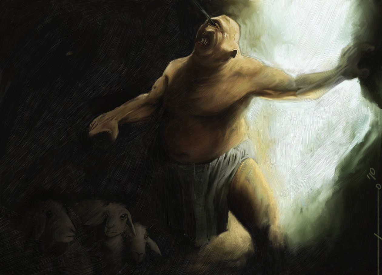 Odyssea z Homera: Kyklopský polyfém je slepý Ulyssesem ve své jeskyni. Ilustrace Alessandro Lonati. 2010 od Alessandro Lonati