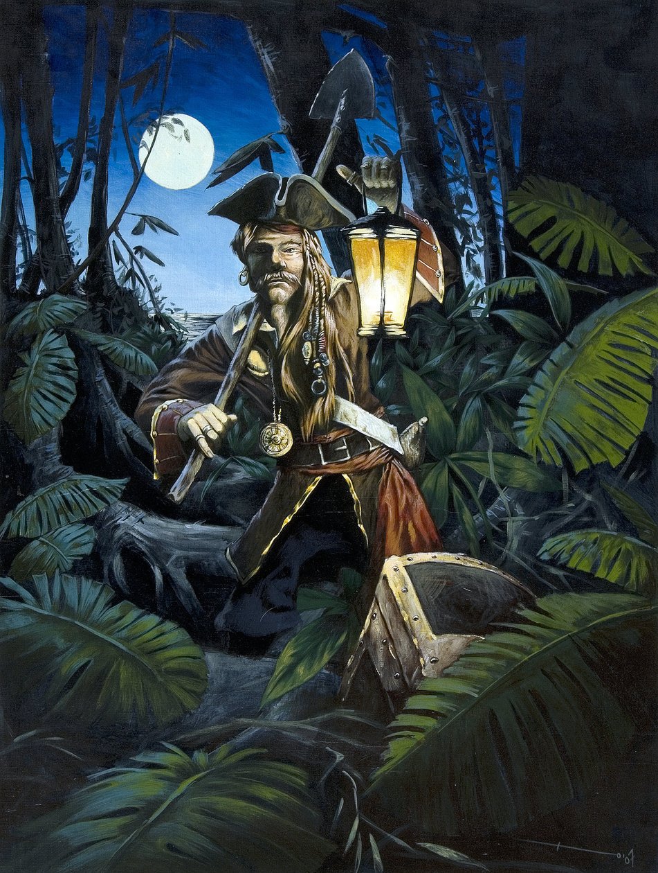 Pirát z Karibiku s lucernou, v noci, skrývá svůj poklad v lese na ostrově. Barevná kresba Alessandra Lonatiho. od Alessandro Lonati