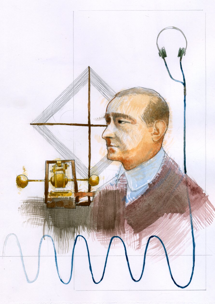 Guglielmo Marconin (1874-1937), italialaisen fyysikon, lennättimen keksijän muotokuva” (Guglielmo Marconin muotokuva, italialainen keksijä ja sähköinsinööri, joka tunnetaan uraauurtavasta työstään pitkän matkan radiolähetyksissä ja sen kehittämisestä od Alessandro Lonati