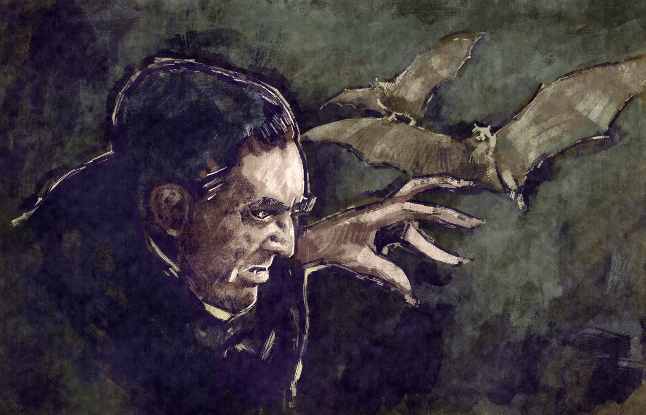 Portrét maďarského herce Bela Lugosiho jako hraběte Drákuly (ilustrace) od Alessandro Lonati