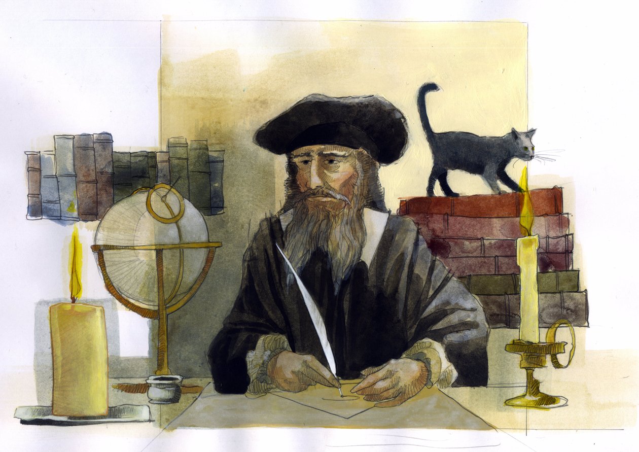 Portrét Michela de Notre Dame (Nostradamus) anglický astrolog - Portrét Nostradama, Michel de Notre Dame (1503-1566) astrolog a lékař francais Ilustrace Alessandro Lonati od Alessandro Lonati