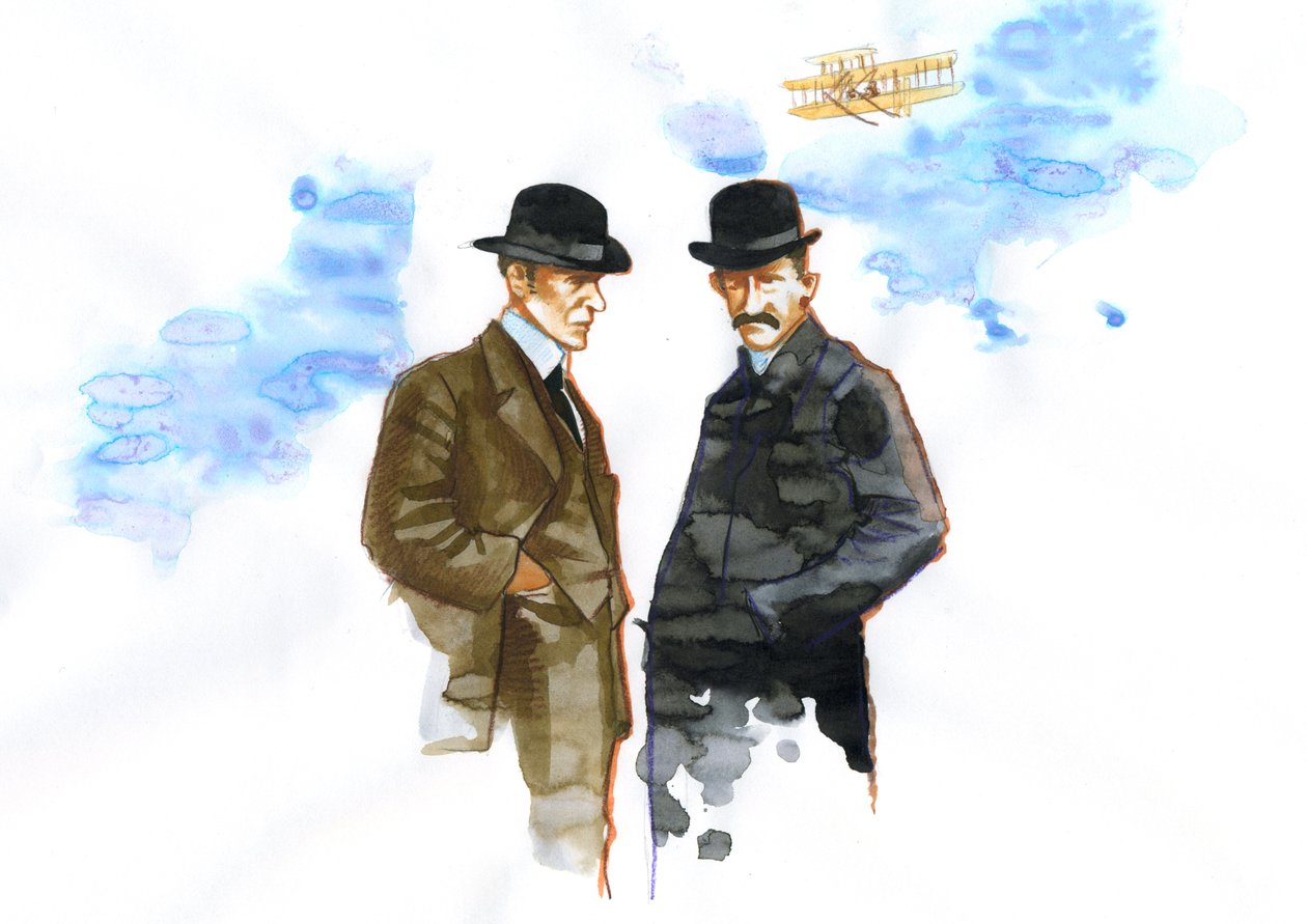 Portrét Orvilla (1871-1948) a Wilbura Wrighta (1867-1912) amerických průkopníků letectví (bratři Wrightové, Orville a wilbur američtí bratři, vynálezci a průkopníci letectví) od Alessandro Lonati