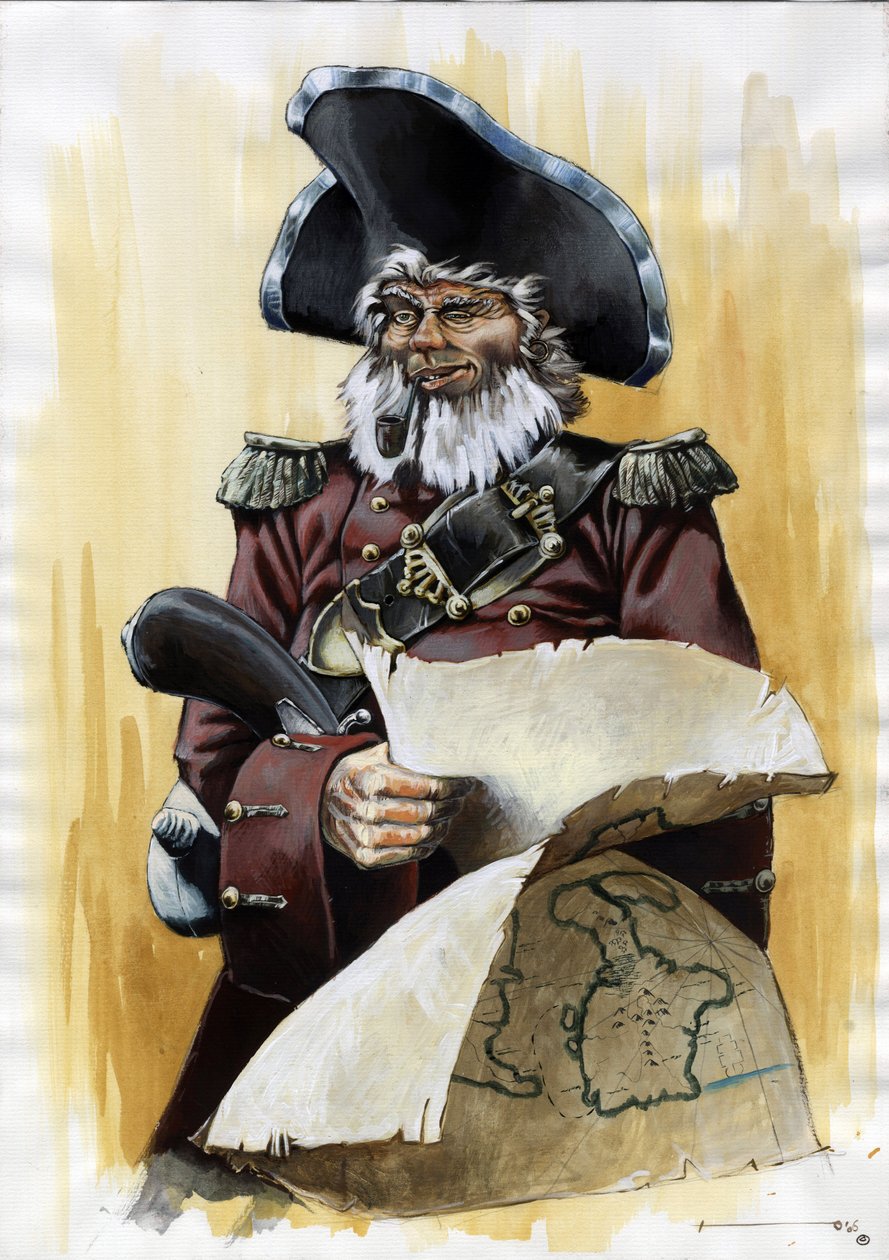 Portrét piráta (soukromníka) nebo námořníka na sobě tricorn s mapou pokladníka v rukou. Barevná kresba Alessandra Lonatiho. od Alessandro Lonati