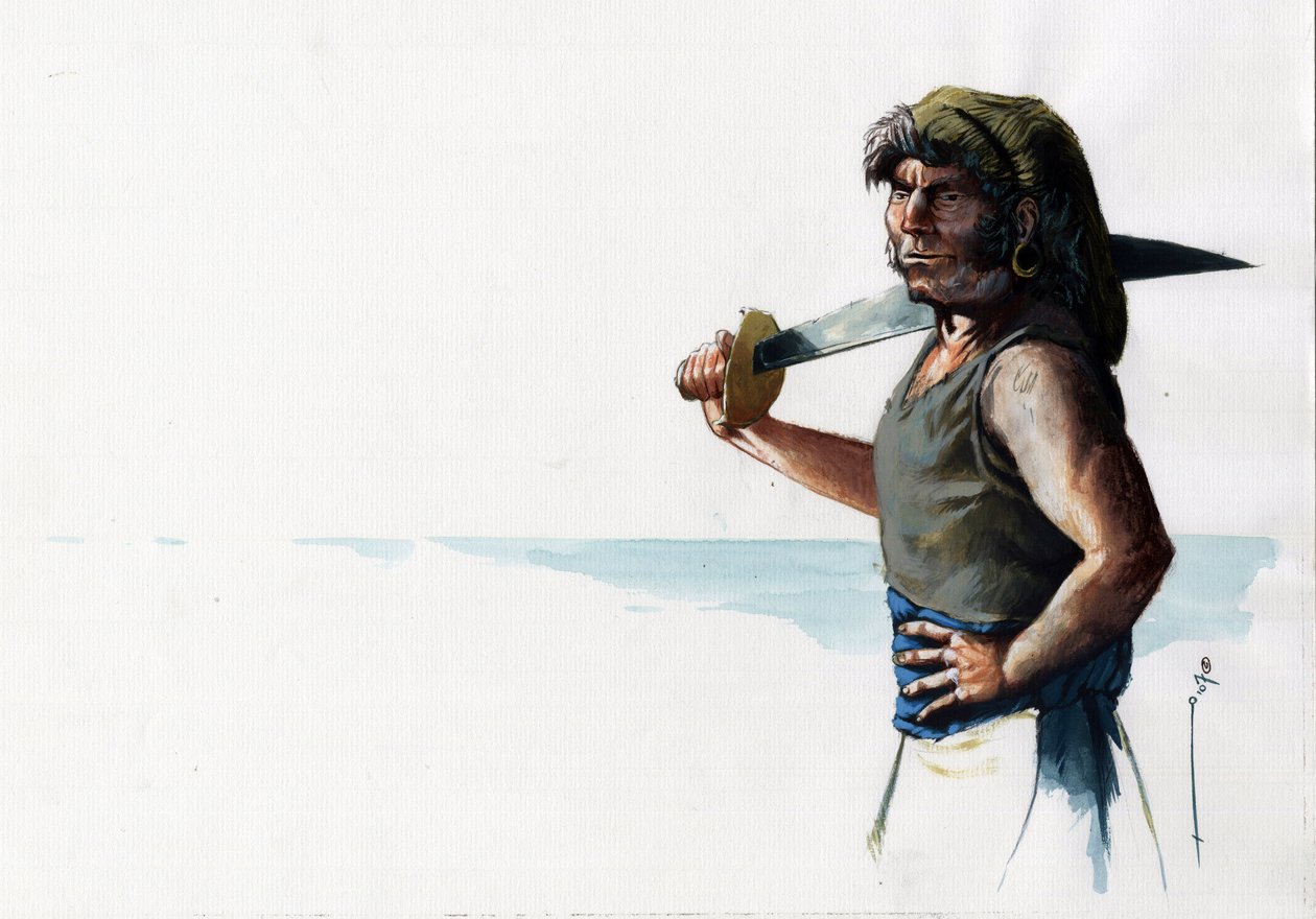 Portrét piráta (soukromníka) nebo námořníka s mečem při pohledu na moře. Barevná kresba Alessandra Lonatiho. od Alessandro Lonati