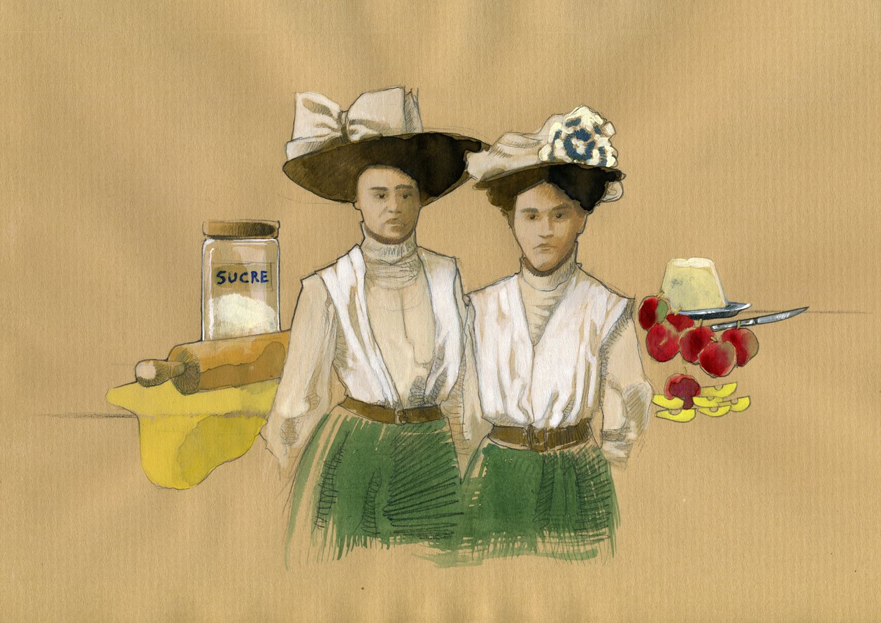 Muotokuva sisaruksista Stephanie (1838-1917) ja Caroline Tatin (1847-1911), jotka keksivät jälkiruoan francais tatin a de Lamotte-Beuvron en Sologne (Muotokuva sisaruksista Stephanie ja Caroline Tatin, jotka keksivät ylösalaisin käännetyn leivonnaisen, jos od Alessandro Lonati