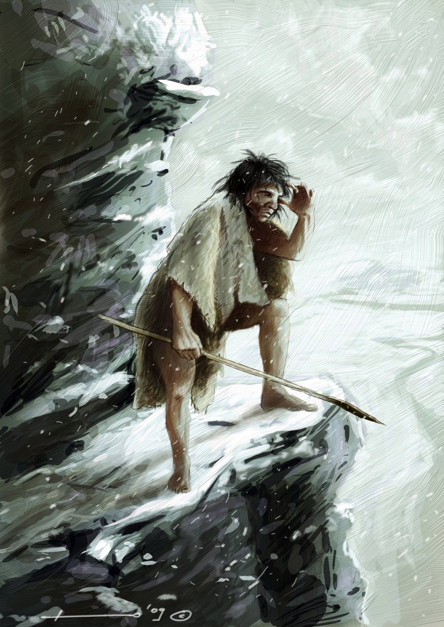 Pravěk: muž z neandrtálce (neandrtálec nebo neandrtálec: Homo sapiens), pod sněhem, hřad na skále se dívá na obzor. Kresba Alessandro Lonati od Alessandro Lonati