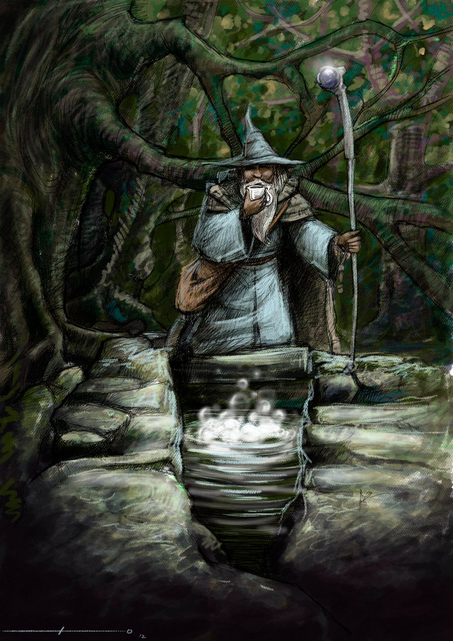 Znázornění druida pijícího u nádherné fontány Barenton, v lese Broceliande - Ilustrace Alessandro Lonati - 2012 - od Alessandro Lonati