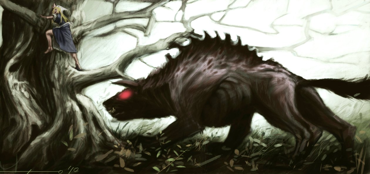 Představení legendárního bete z Gevaudan útočícího na holčičku sedící na stromě. Ilustrace Alessandro Lonati, 2010. od Alessandro Lonati