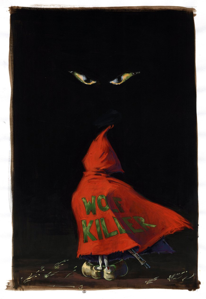 Revisited Little Red Riding Hood od Charlese Perraulta (1628-1703): Červená Karkulka tváří v tvář vlkovi ve tmě s brokovnicí skrytou pod jeho červeným kabátem „Wolf Killer“. Kresba Alessandro Lonati od Alessandro Lonati