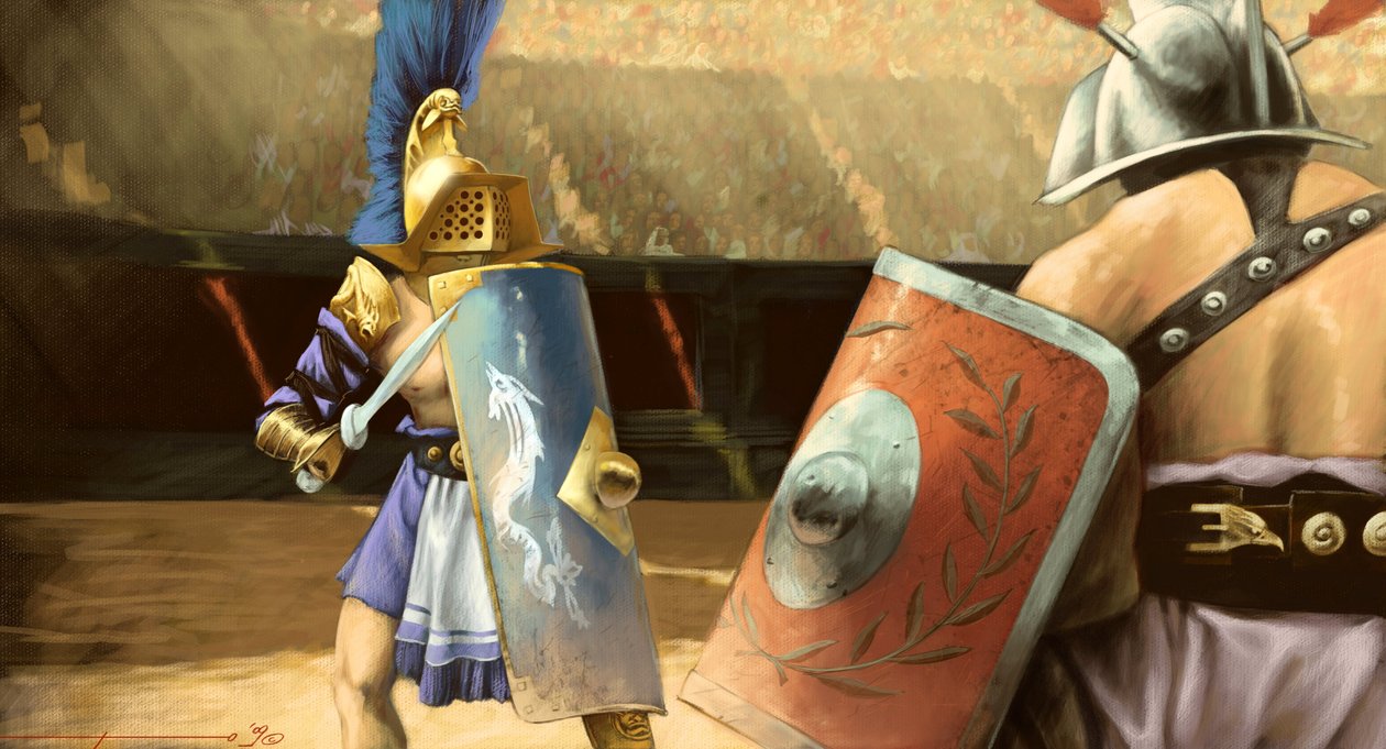 Římské umění: souboj gladiátorů mezi gladiátorem mirmillo (vlevo) a thracem v amfiteátru. Kresba Alessandro Lonati od Alessandro Lonati