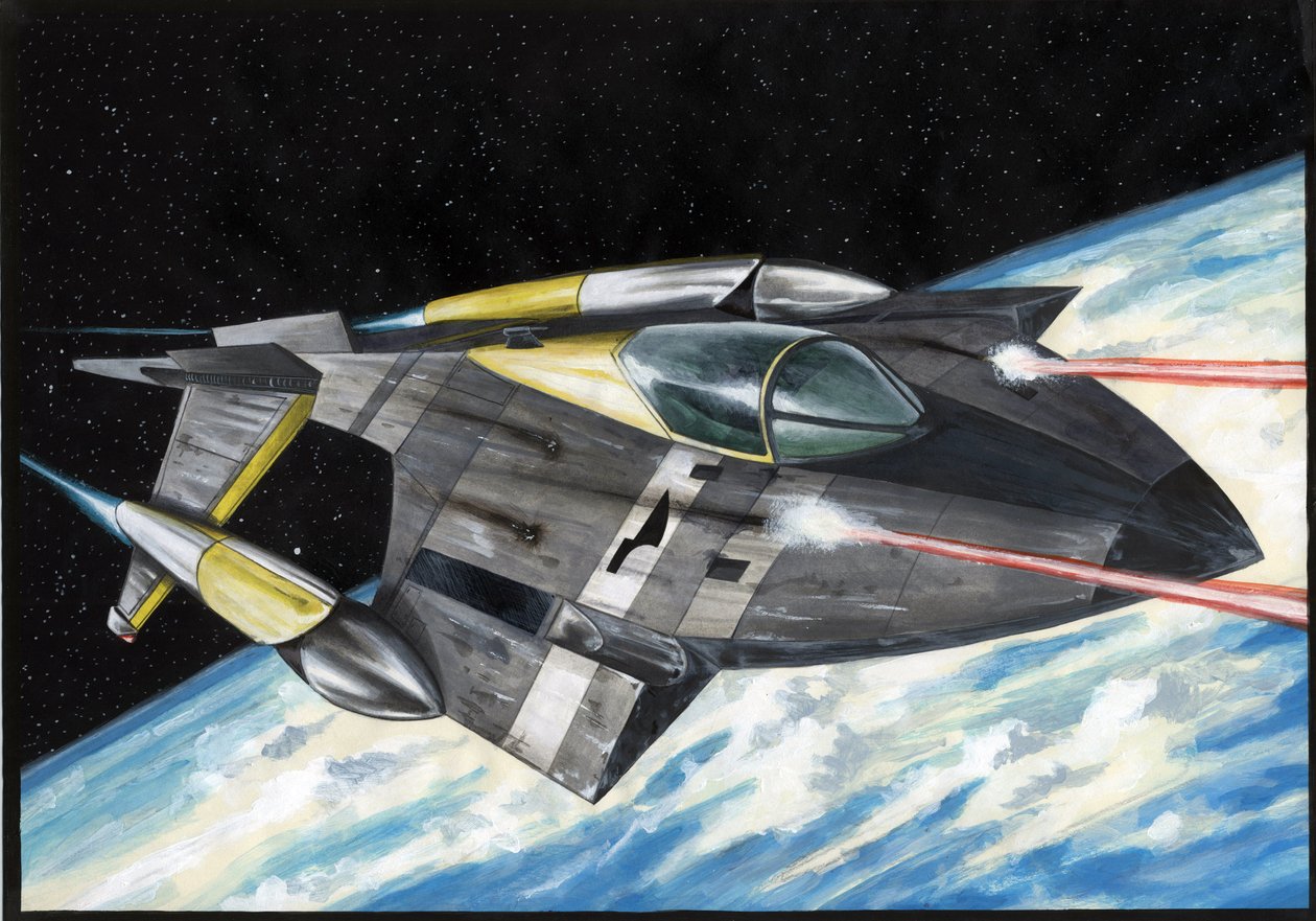 Sci-fi ilustrace: Vesmírná kosmická loď s dobýváním vesmíru nebo vesmíru táhne laserové paprsky nad planetu Zemi. Kresba Alessandro Lonati od Alessandro Lonati