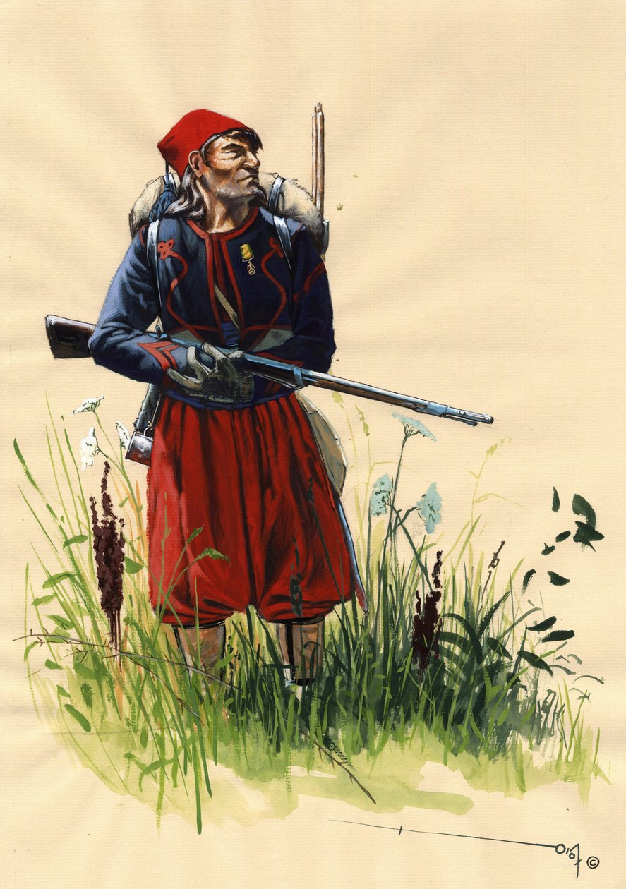 Druhé císařství (1852-1870): Zouave voják francouzské armády Napoleona III. během italského tažení v roce 1859 (bitva u Solferina 24. června 1859 nebo bitva u Magenty 4. června 1859). Kresba Alessandro Lonati od Alessandro Lonati