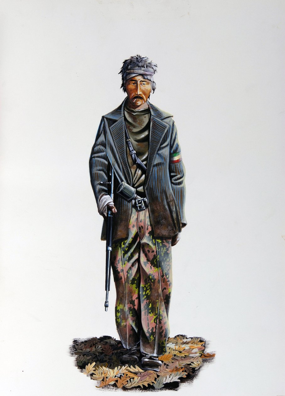 Toinen maailmansota: Italian vastarintaliikkeen (maquis tai sissit, partisaani) (Resistenza Italiana) jäsen, yllään naamiointipuku ja ase konekiväärillä. 1943-1945. Kuvitus Alessandro Lonati od Alessandro Lonati