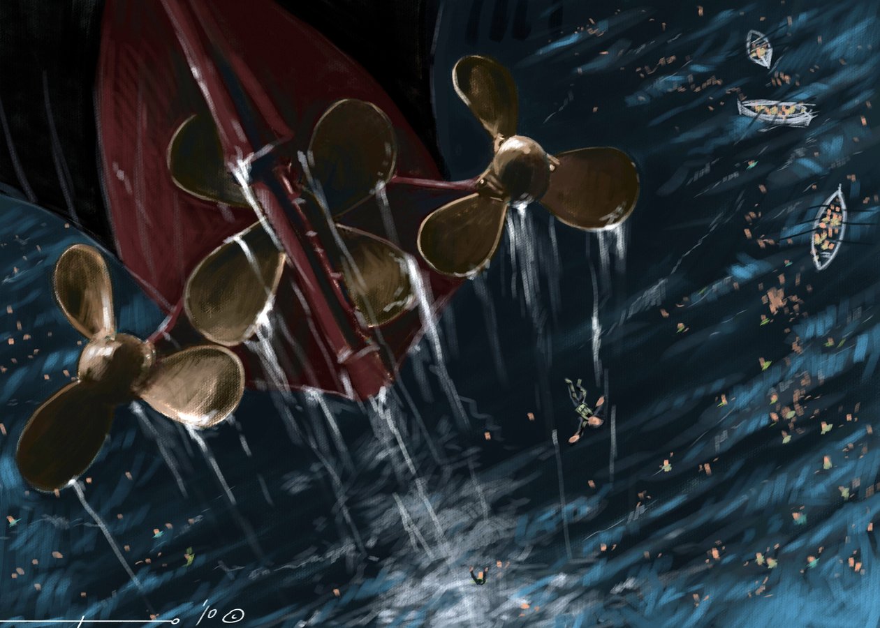 Pohled na šroubovice transatlantického parníku Titanic v době potopení 14. a 15. dubna 1912. Ilustrace Alesandro Lonati. 2010 od Alessandro Lonati