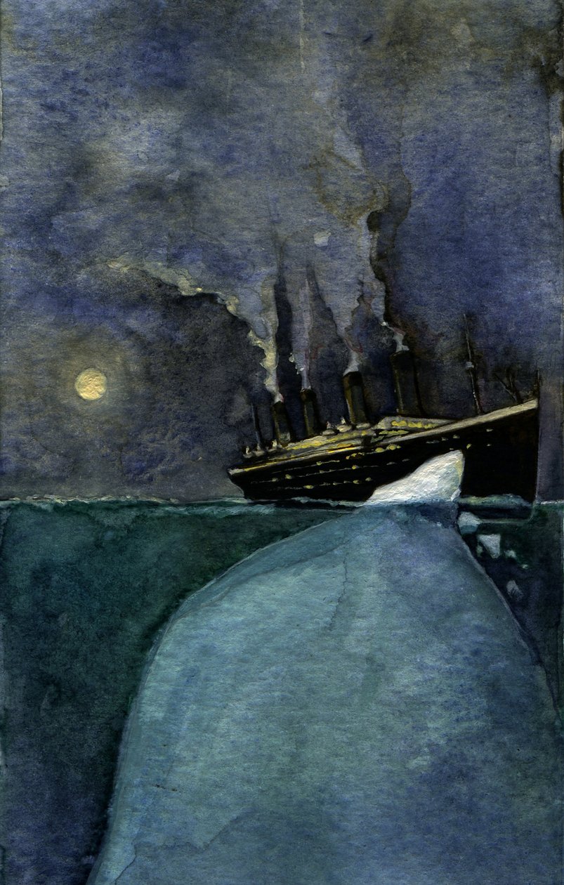 Pohled na transatlantickou loď Titanic v době potopení 14. a 15. dubna 1912 způsobené srážkou s ledovcem. Ilustrace Alessandro Lonati. 2011 od Alessandro Lonati