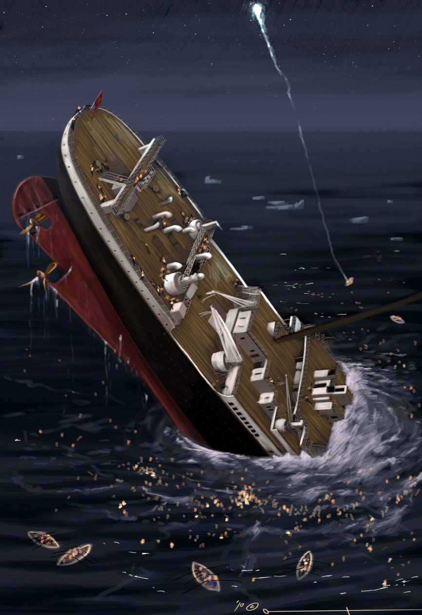 Pohled na transatlantickou loď Titanic v době potopení 14. a 15. dubna 1912. Ilustrace Alesandro Lonati. 2010 od Alessandro Lonati
