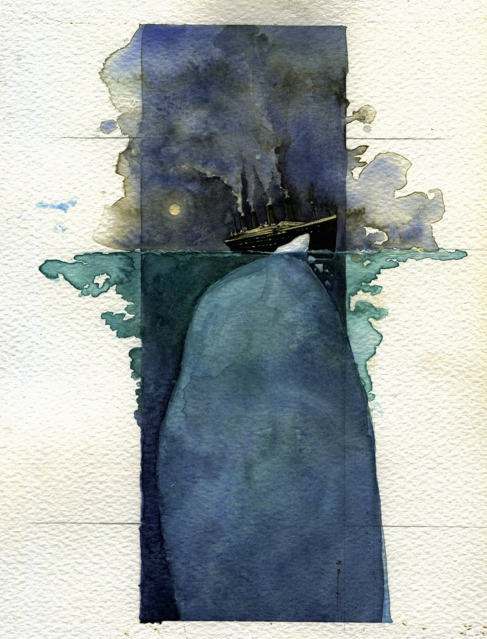 Pohled na transatlantickou loď Titanic v době potopení 14. a 15. dubna 1912 způsobené srážkou s ledovcem. Ilustrace Alessandro Lonati. 2011 od Alessandro Lonati